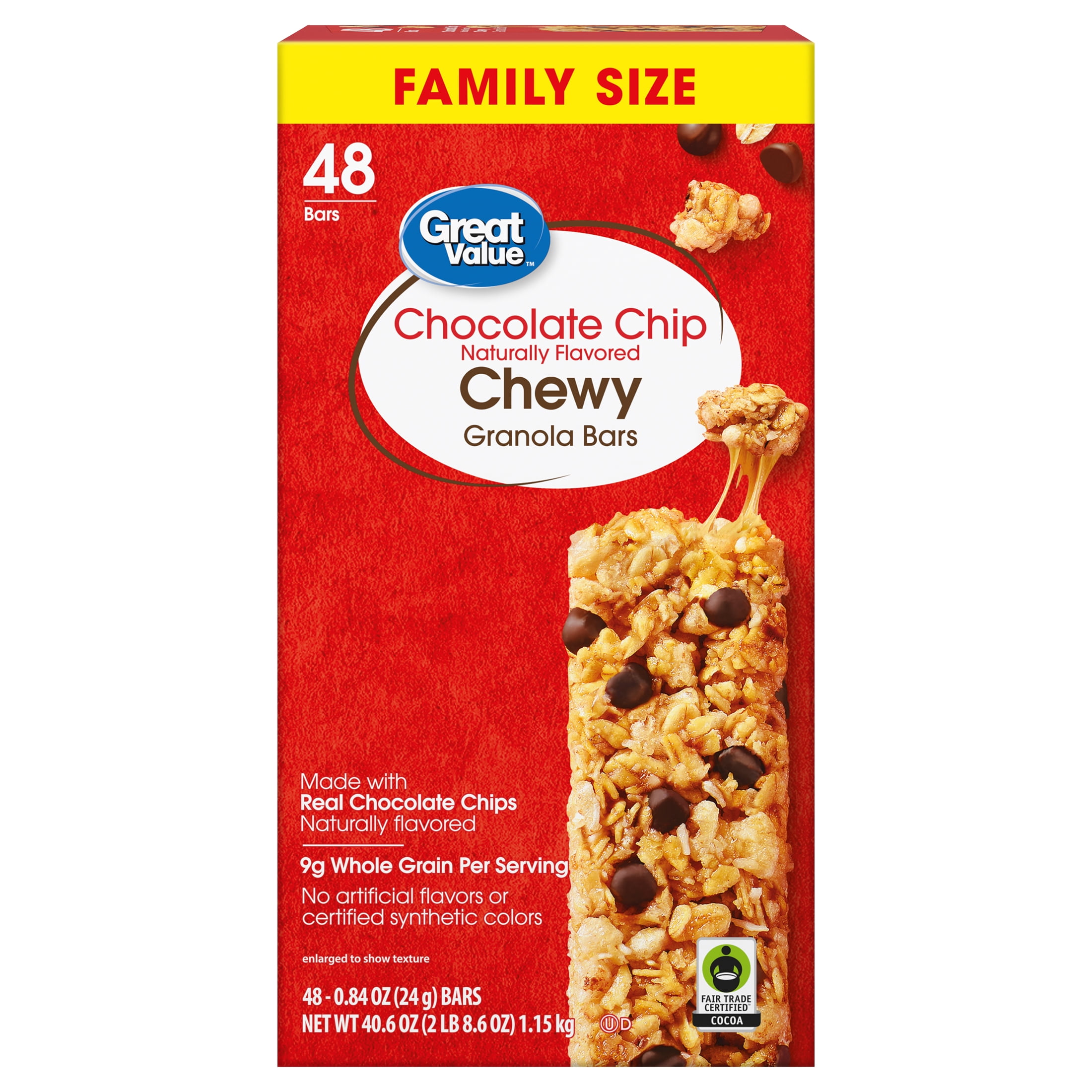 Great Value Chocolate Chip Chewy Granola Bars, Family Size, 0.84 oz Paper Box, 48 Count
