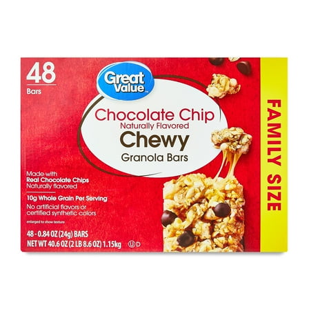 Great Value Chocolate Chip Chewy Granola Bars, Family Size, 0.84 oz Paper Box, 48 Count