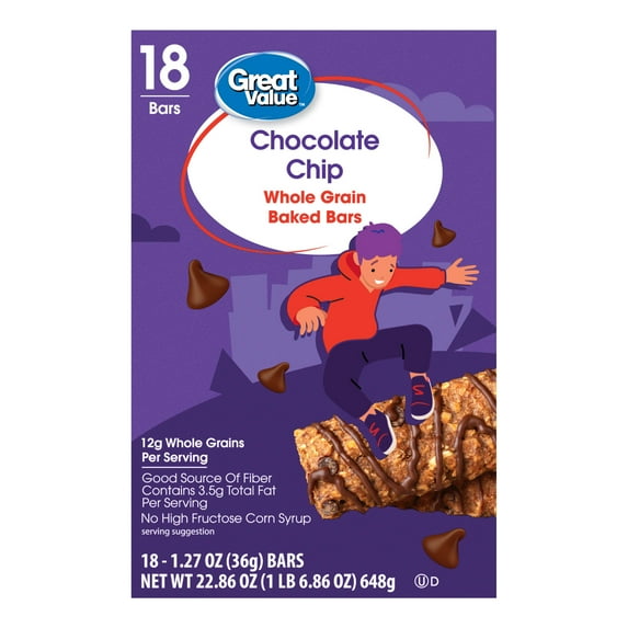 Great Value Chocolate Chip Whole Grain Baked Bars, 1.27 oz, 18 Count