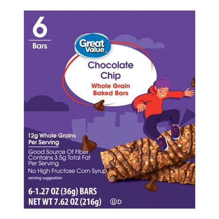 Great Value Chocolate Chip Whole Grain Baked Bars, 1.27 oz, 6 Count