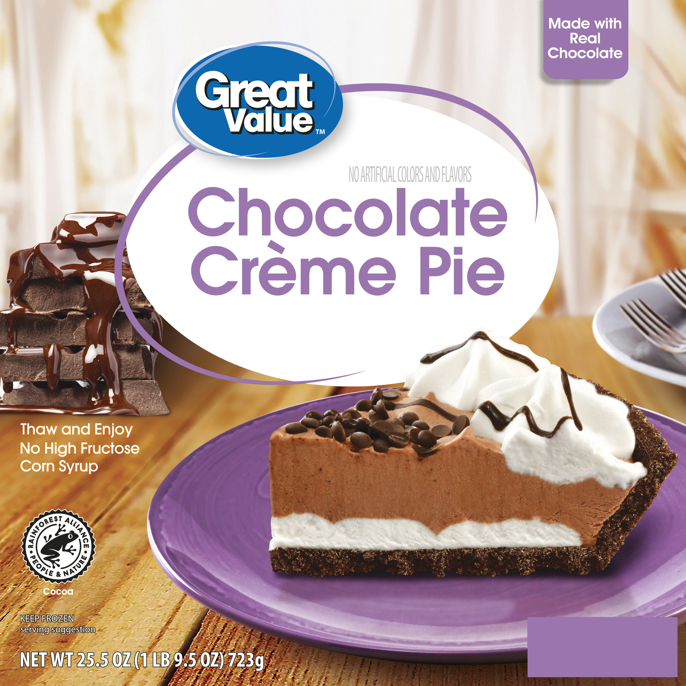 Great Value Chocolate Creme Pie, 25.5 oz, Made with Real Chocolate, No HFCS, Box (Frozen