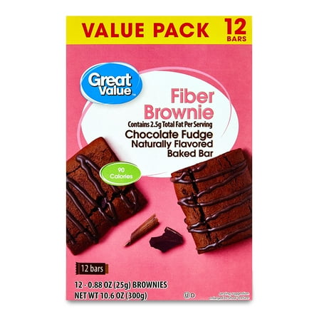 Great Value Chocolate Fudge Fiber Brownie Baked Bars, Value Pack, 0.89 oz, 12 Count