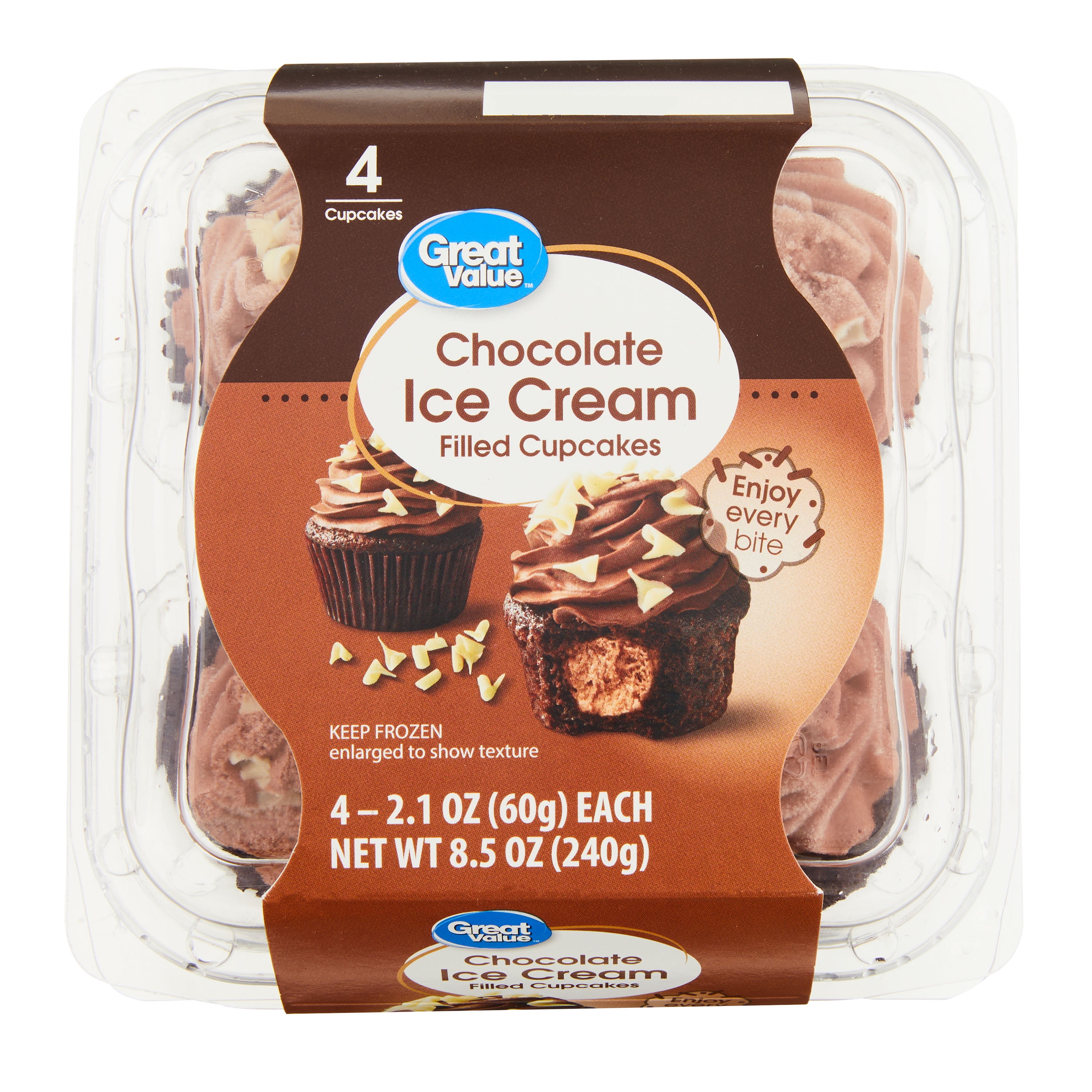 Great Value Chocolate Ice Cream Filled Cupcakes, 2.1 oz, 4 Count