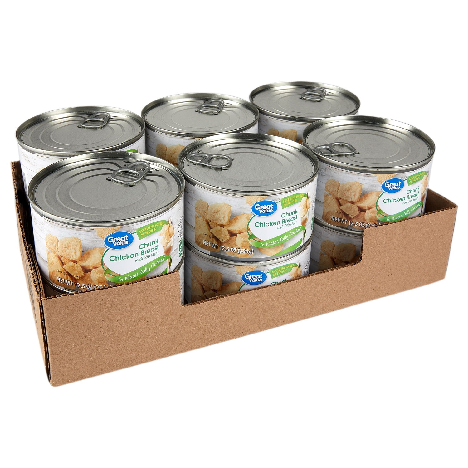 Great Value Chunk Chicken Breast, with Rib Meat in Water, Fully Cooked, 12.5 oz Can, 12 Count