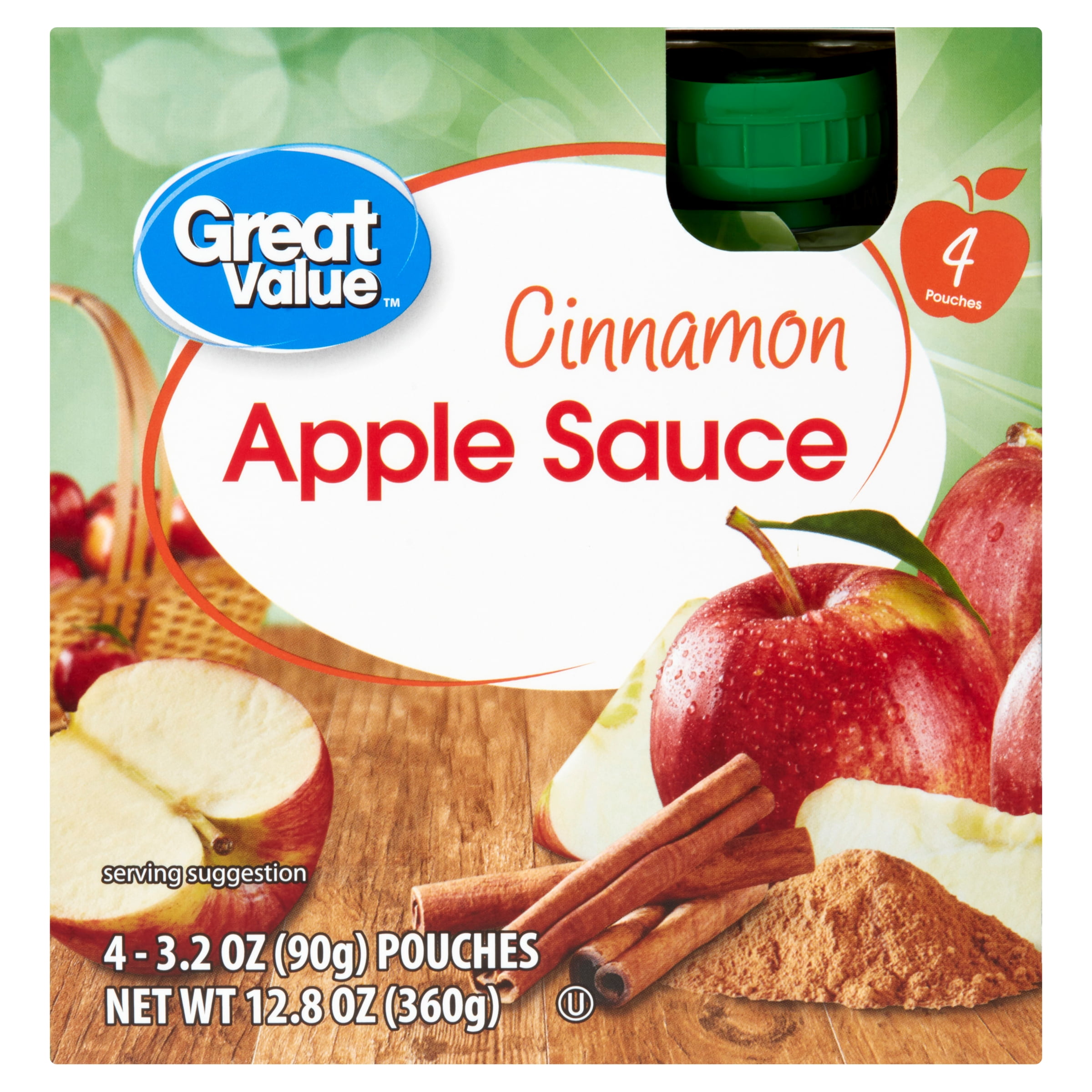 Great Value Cinnamon Applesauce, 3.2 oz, 4 Pouches