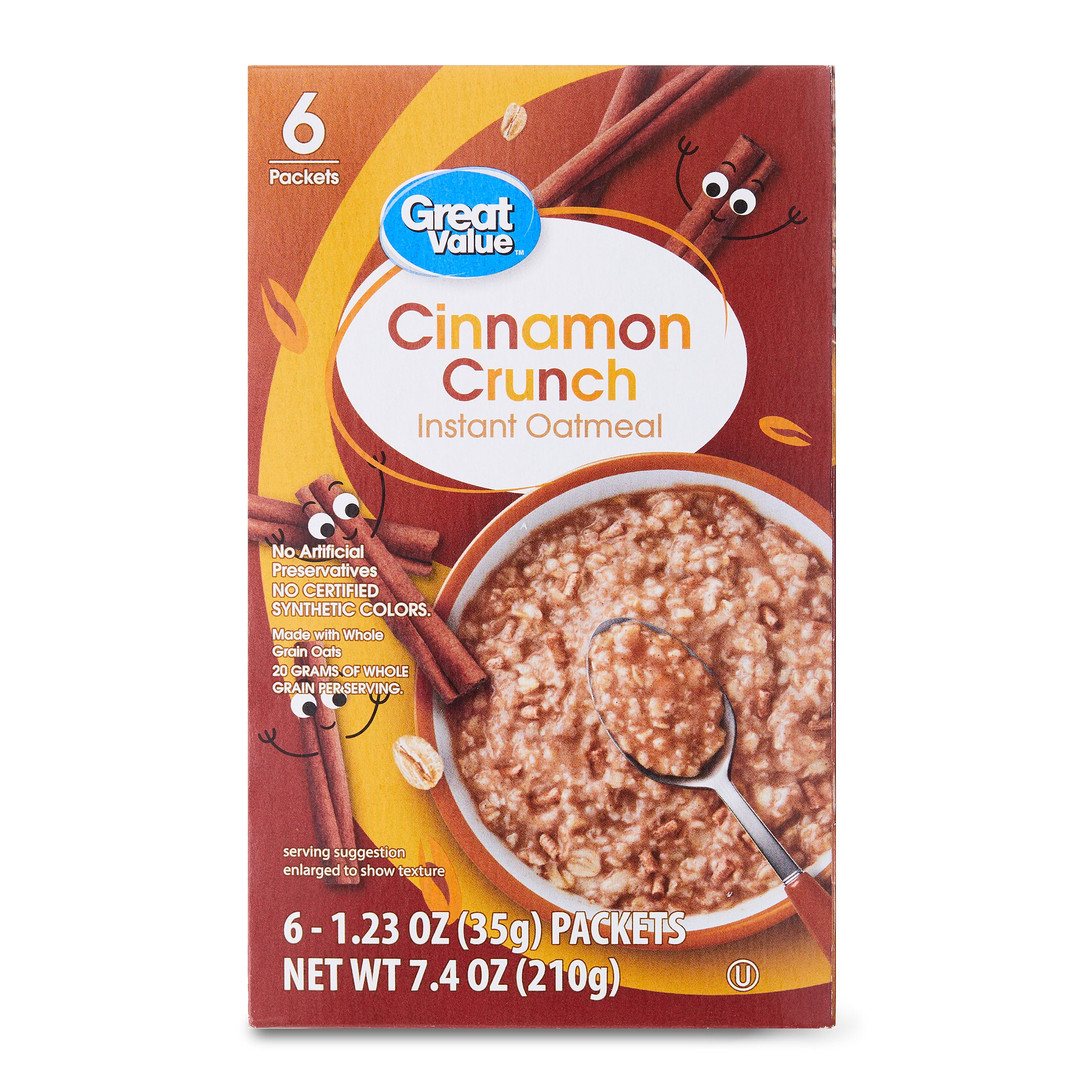 Great Value Cinnamon Crunch Instant Oatmeal, 1.23 oz, 6 Count
