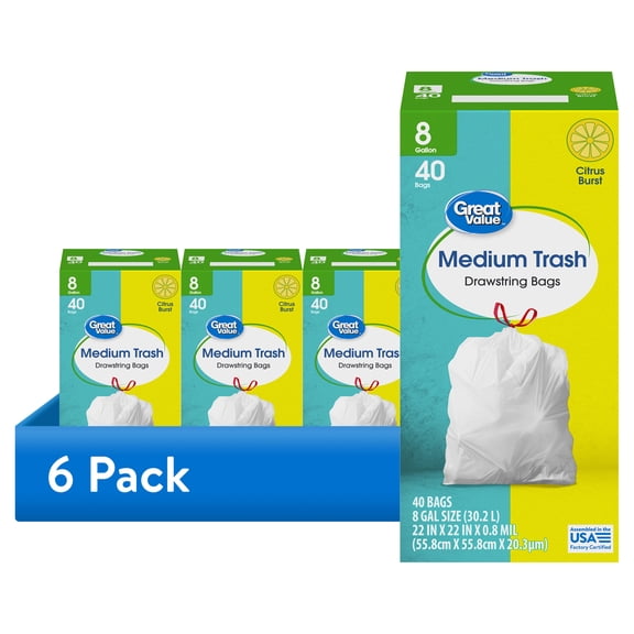 (6 pack) Great Value Citrus Burst 8-Gallon Medium Drawstring Trash Bags, 40 Count