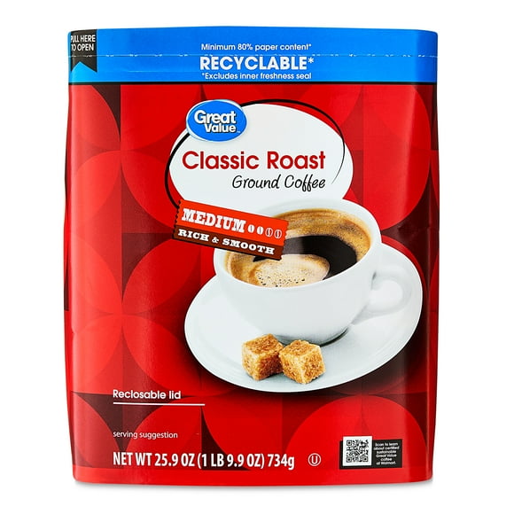 Great Value Classic Medium Roast Ground Coffee, Naturally Caffeinated, 25.9 oz