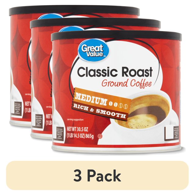 (3 pack) Great Value Classic Roast Medium Ground Coffee, 30.5 oz