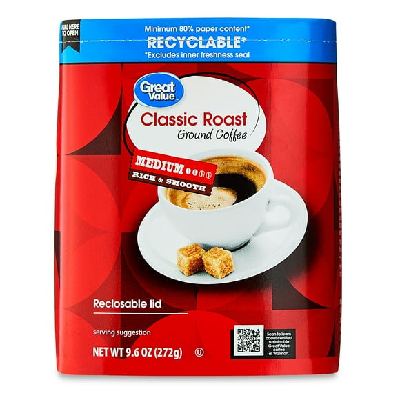 Great Value Classic Roast Medium Ground Coffee, 9.6 oz