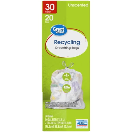 Great Value Clear 30-Gallon Drawstring Large Recycling Bags, Unscented, 20 Count