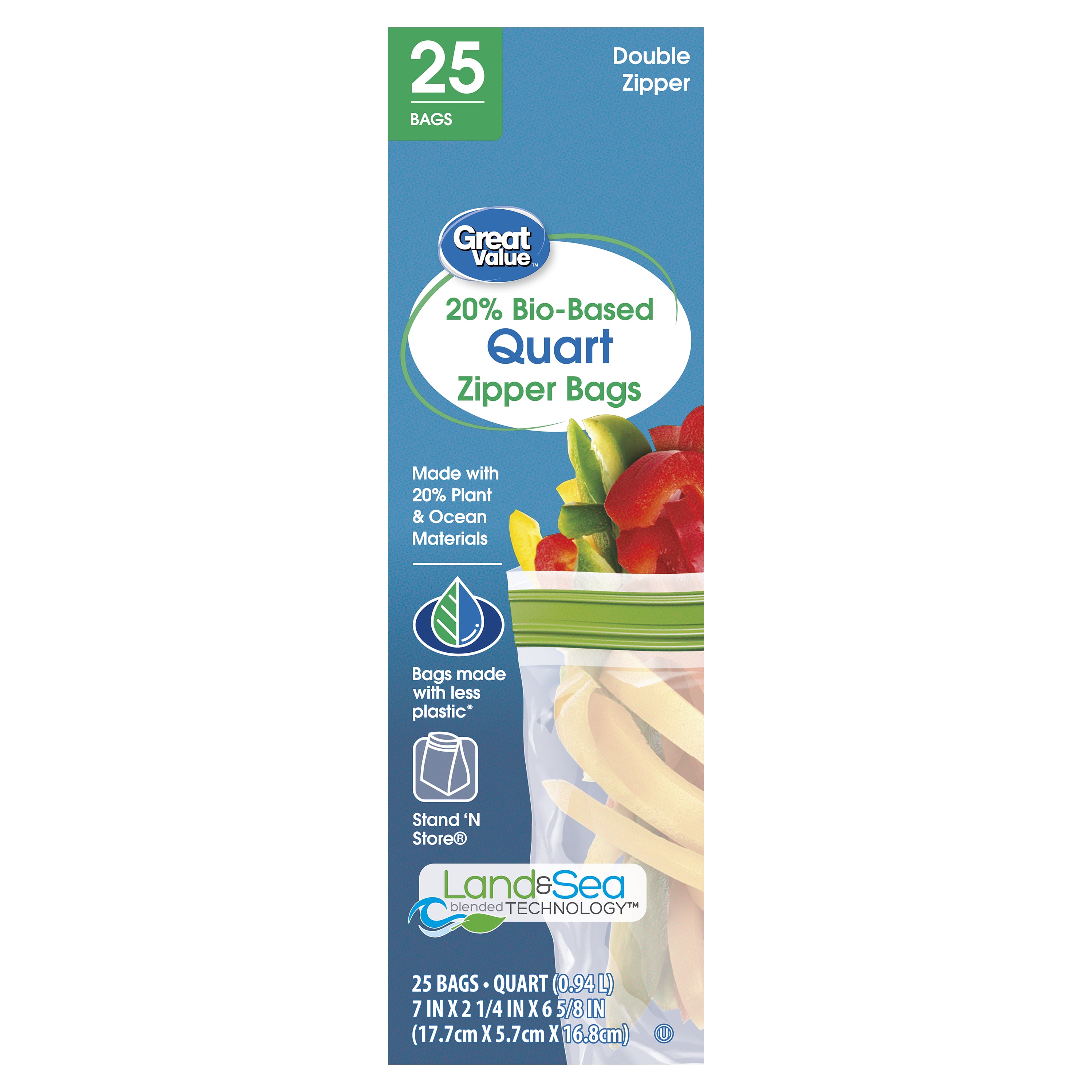 Great Value Bio-Based Double Zipper Quart Bags, 25 Count
