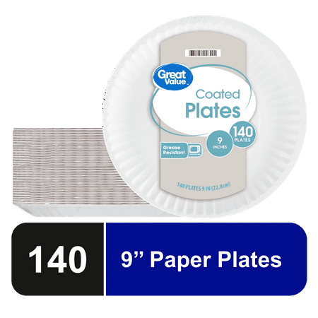 Great Value Coated Paper Plates, 9 Inch, White, 140 Count