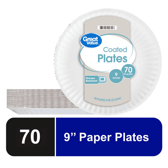 Great Value Coated Paper Plates, 9 Inch, White, 70 Count
