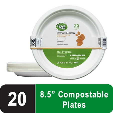 Great Value Compostable Disposable Paper Plates, 8.5 in, White, 20 Count