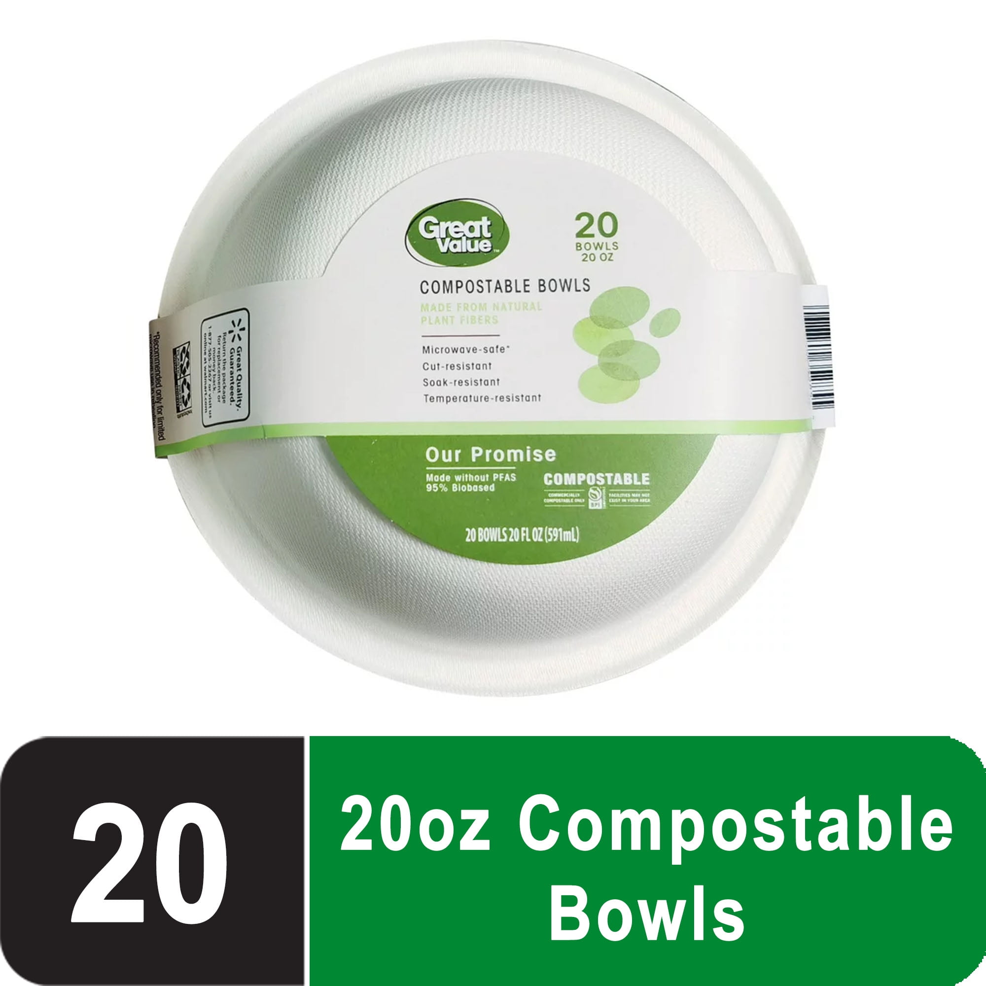 Great Value Compostable, Microwave Safe, Cut Resistant, Soak Resistant,  Temperature Resistant, Disposable Paper Bowls, 20 oz, White, 20 Count 