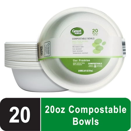Great Value Compostable, Microwave Safe, Cut Resistant, Soak Resistant, Temperature Resistant, Disposable Paper Bowls, 20 oz, White, 20 Count