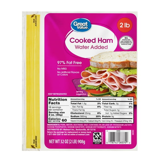 Great Value Sliced Cooked Ham, 32 oz