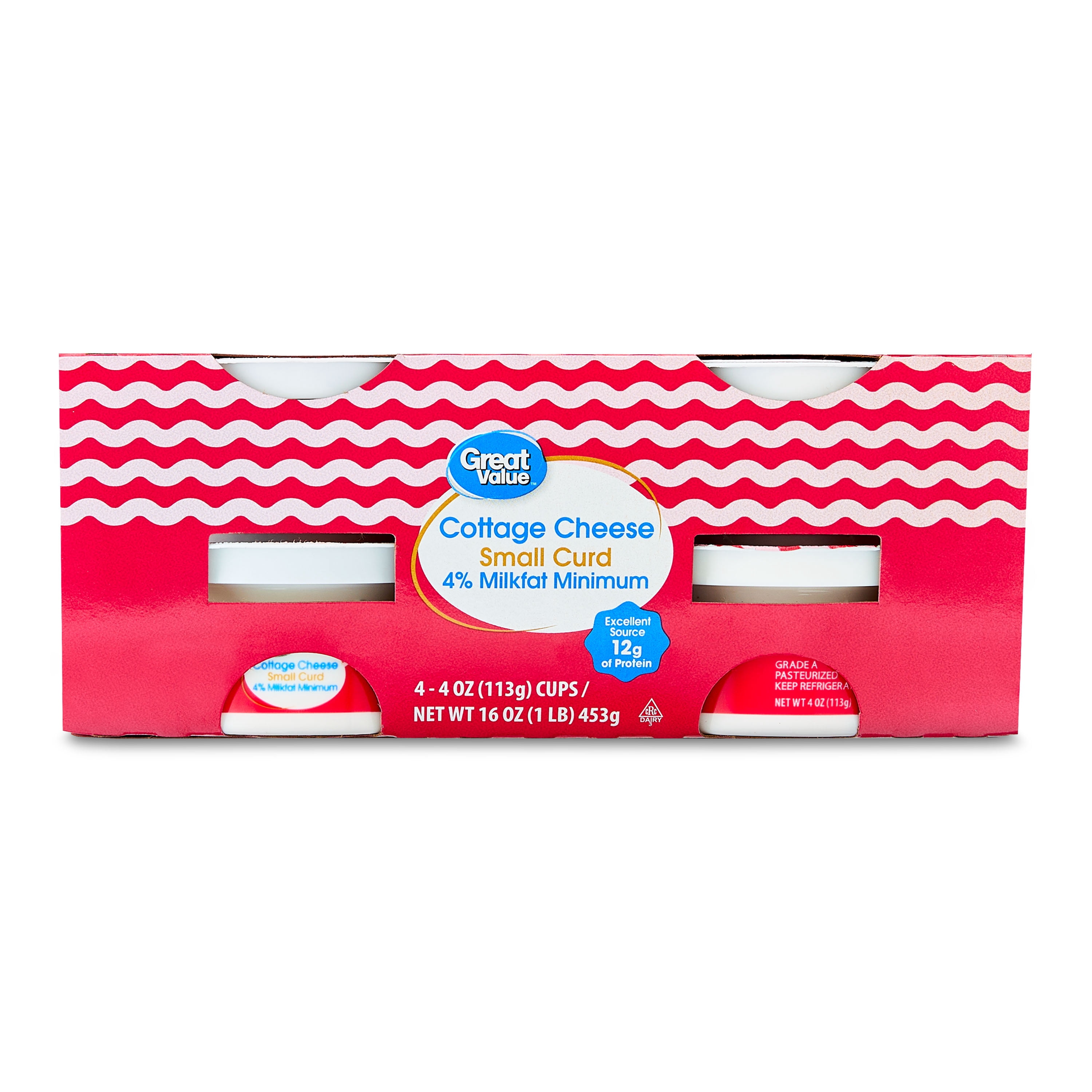 Great Value 4% Small Curd Plain Cottage Cheese, 4 oz, 4 Count