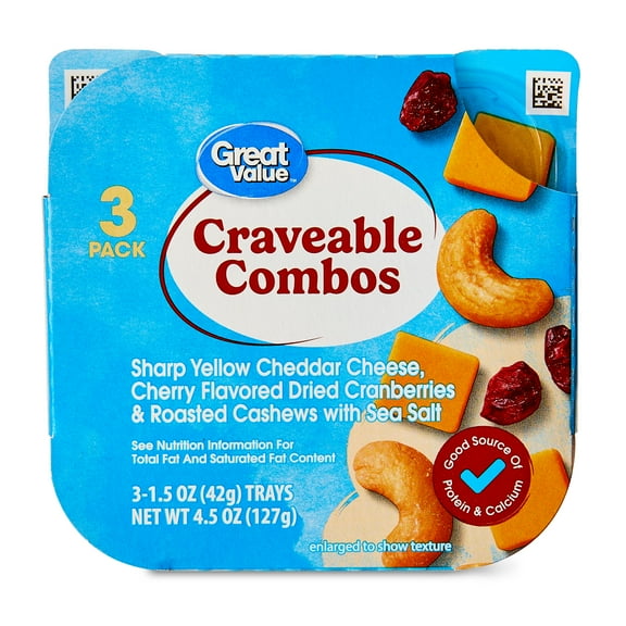 Great Value Craveable Combos, Sharp Cheddar Cheese, Cashews, and Cranberries, 1.5 oz, 3 Pack