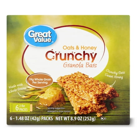 Great Value Oats & Honey Crunchy Granola 2-Bar Packs, 1.4 oz, 6 Packs