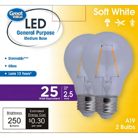 Great Value Crystal LED Light Bulb A19 2.5 Watts Soft White Medium Base Bulbs, 2 Count, Clear