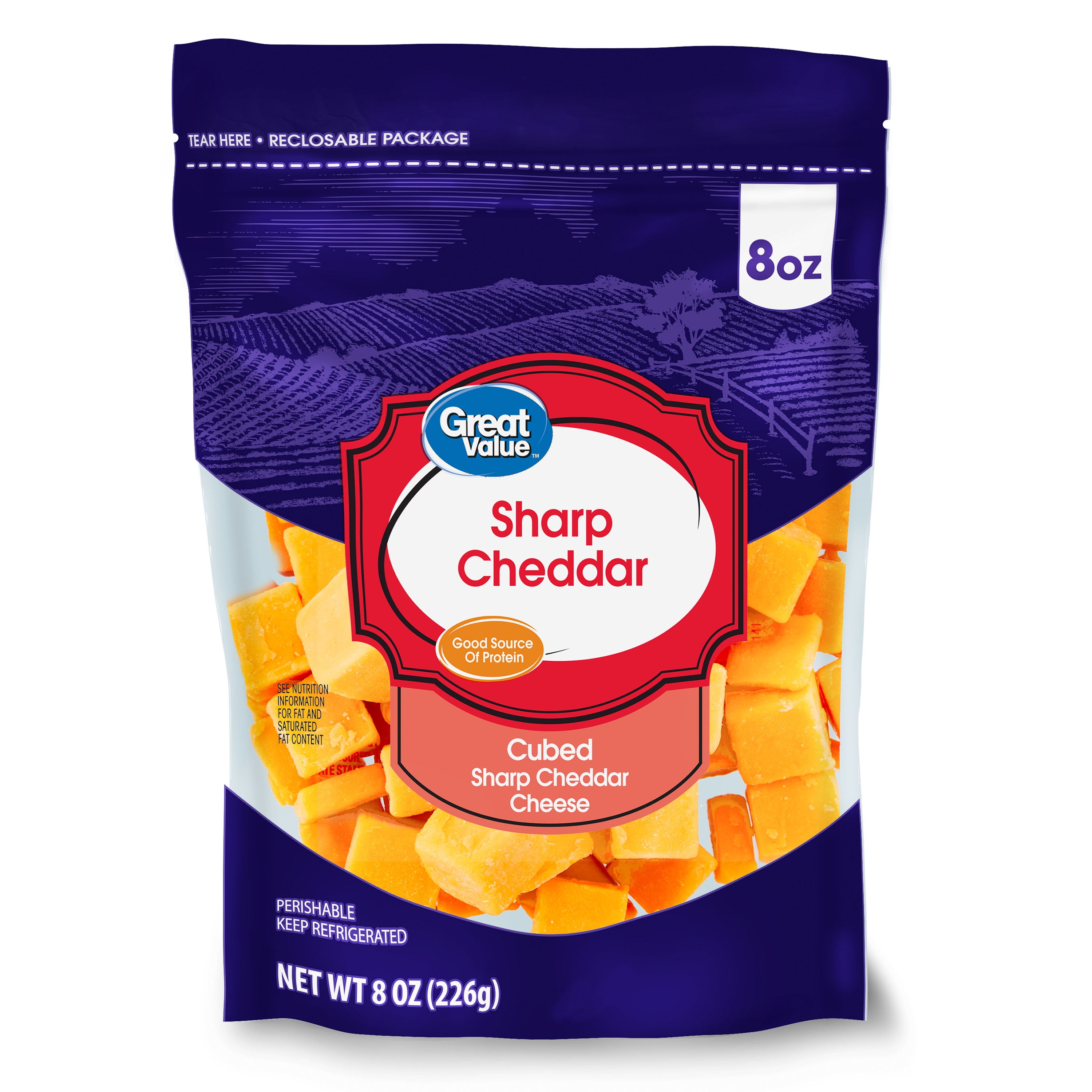 Great Value Cubed Sharp Cheddar Cheese, 8 oz Bag