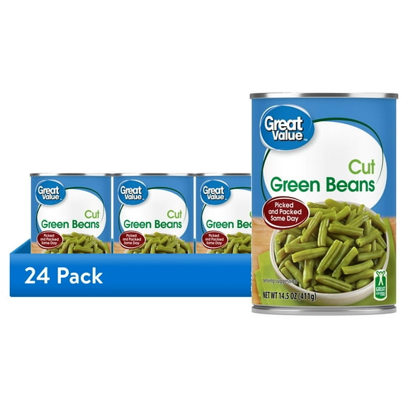 (24 pack) Great Value Cut Green Beans, Canned Green Beans, 14.5 oz Can