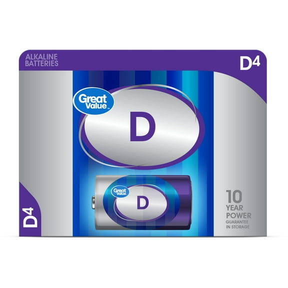 Great Value Alkaline D Batteries, 4 Count (Plastic Free Packaging)