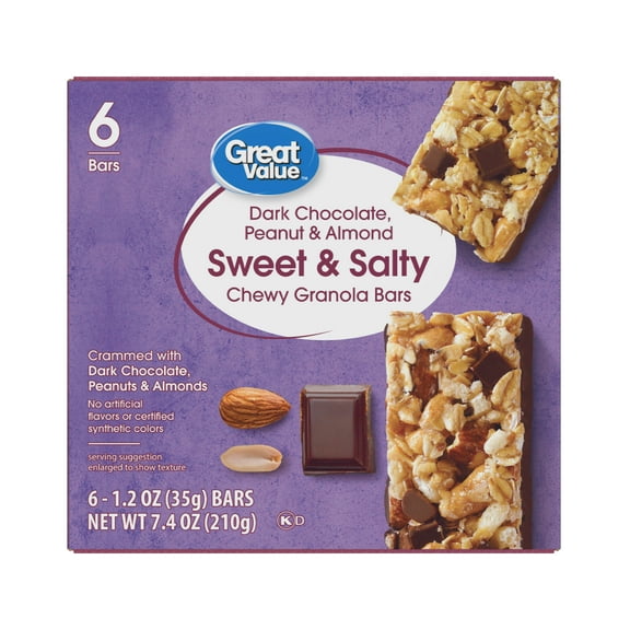 Great Value Dark Chocolate, Peanut & Almond Sweet & Salty Granola Bars, 1.2 oz, 6 Count