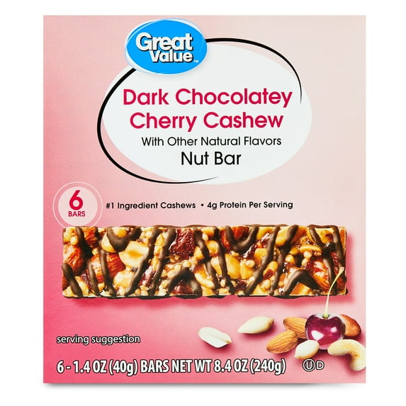 Great Value Dark Chocolatey Cherry Cashew Nut Bar, 1.4 oz, 6 Count
