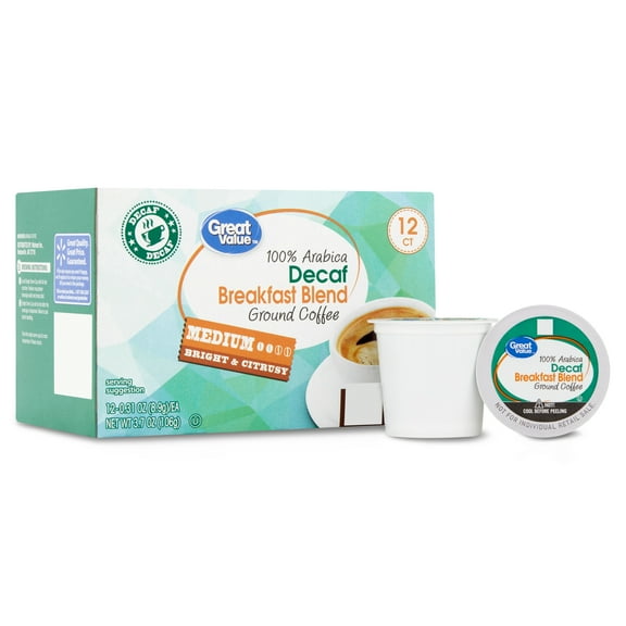 Great Value Decaf 100% Arabica Breakfast Blend Medium Roast Ground Coffee Pods, 12 Ct