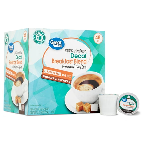 Great Value Decaf 100% Arabica Breakfast Blend Medium Roast Ground Coffee Pods, 48 Ct