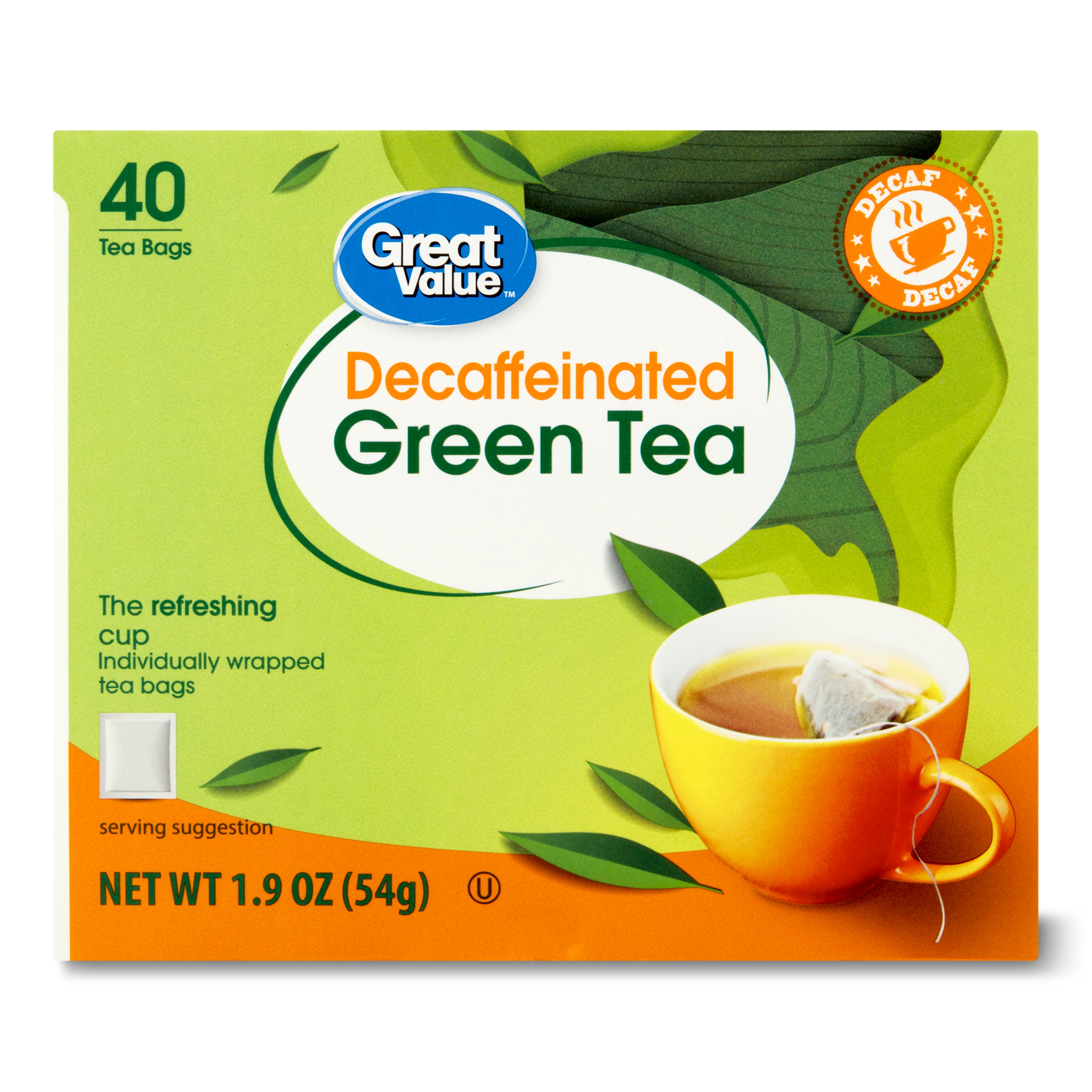 Great Value Decaffeinated Green Tea, Tea Bags, 1.9 oz, 40 Count - image 1 of 7