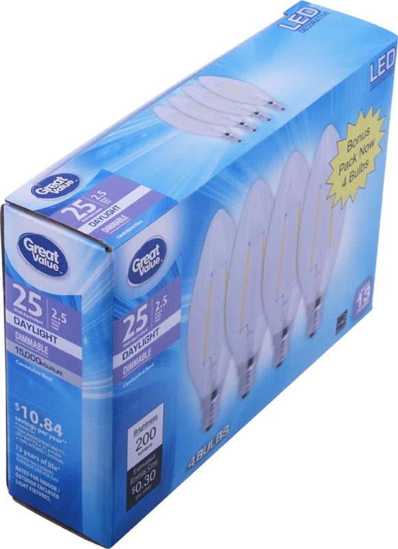 Great Value Decorative LED Light Bulb, Daylight, Dimmable, 2.5W (25W Equivalent), 4 Count