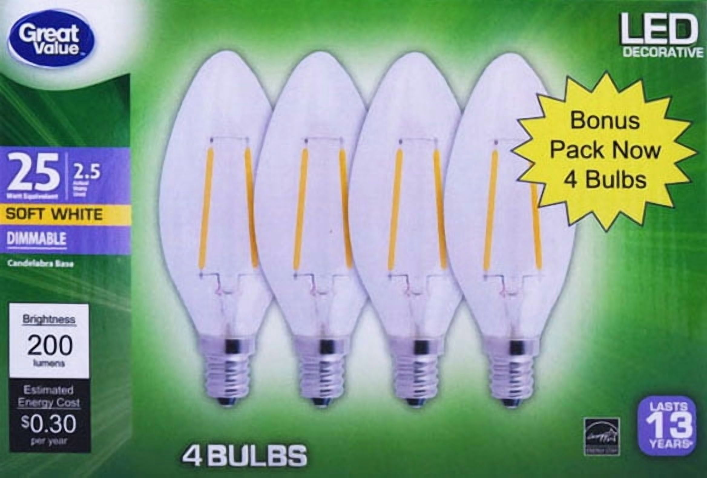 Good Light Bulb Great Value Decorative LED Light Bulb, Soft White, Dimmable, 2.5W (25W ...