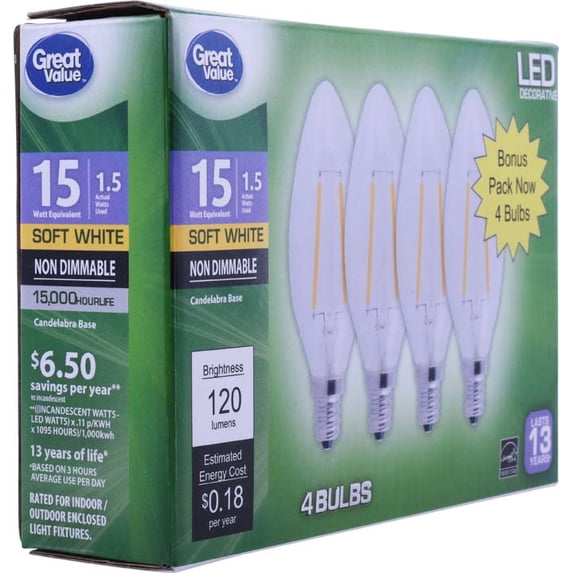Good Light Bulb Great Value Decorative LED Light Bulb, Soft White, Non Dimmable, 1.5W ...