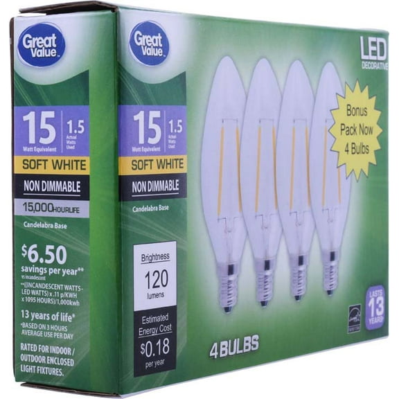 Great Value Decorative LED Light Bulb, Soft White, Non Dimmable, 1.5W (15W Equivalent), 4 Count