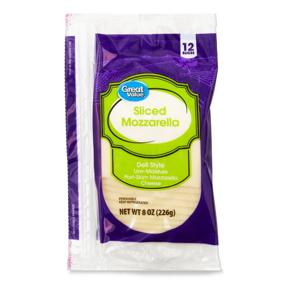 Great Value Low-Moisture Part-Skim Deli Style Sliced Mozzarella Cheese, 8 oz Package, 12 Slices