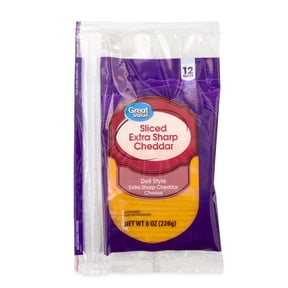 Great Value Deli Style Sliced Extra Sharp Cheddar Cheese, 8 oz, 12 Slices