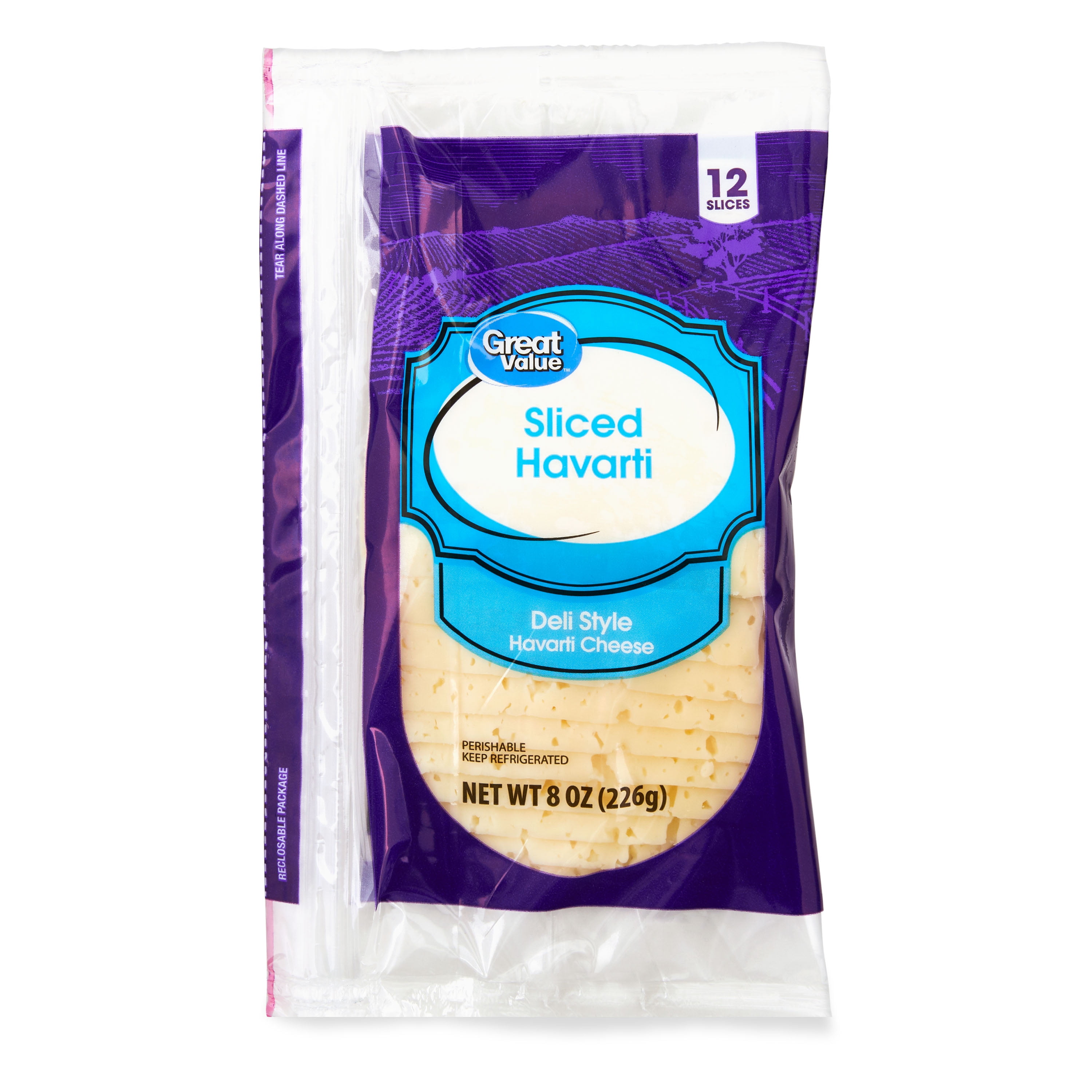 Great Value Deli Style Sliced Havarti Cheese, 8 oz, 12 Count