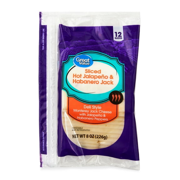 Great Value Hot Jalapeno & Habanero Jack Deli Style Sliced Cheese, 8 oz, 12 Slices