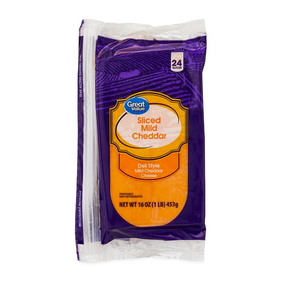 Great Value Mild Cheddar Deli Style Sliced Cheese, 16 oz Package, 24 Slices