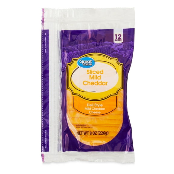 Great Value Mild Cheddar Deli Style Sliced Cheese, 8 oz Package, 12 Slices