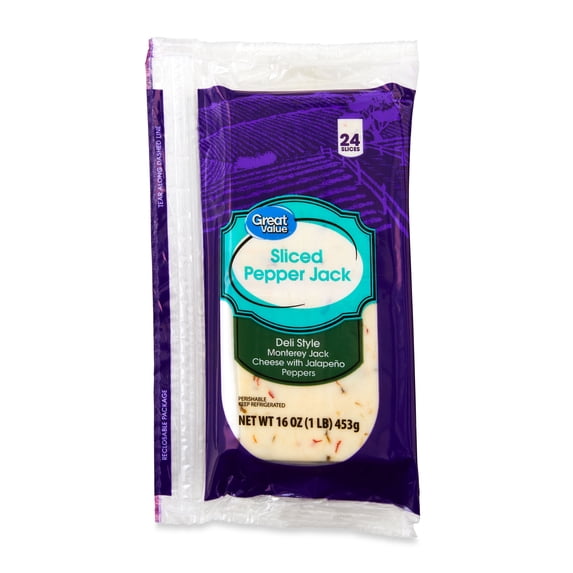 Great Value Pepper Jack Deli Style Sliced Cheese, 16 oz, 24 Slices