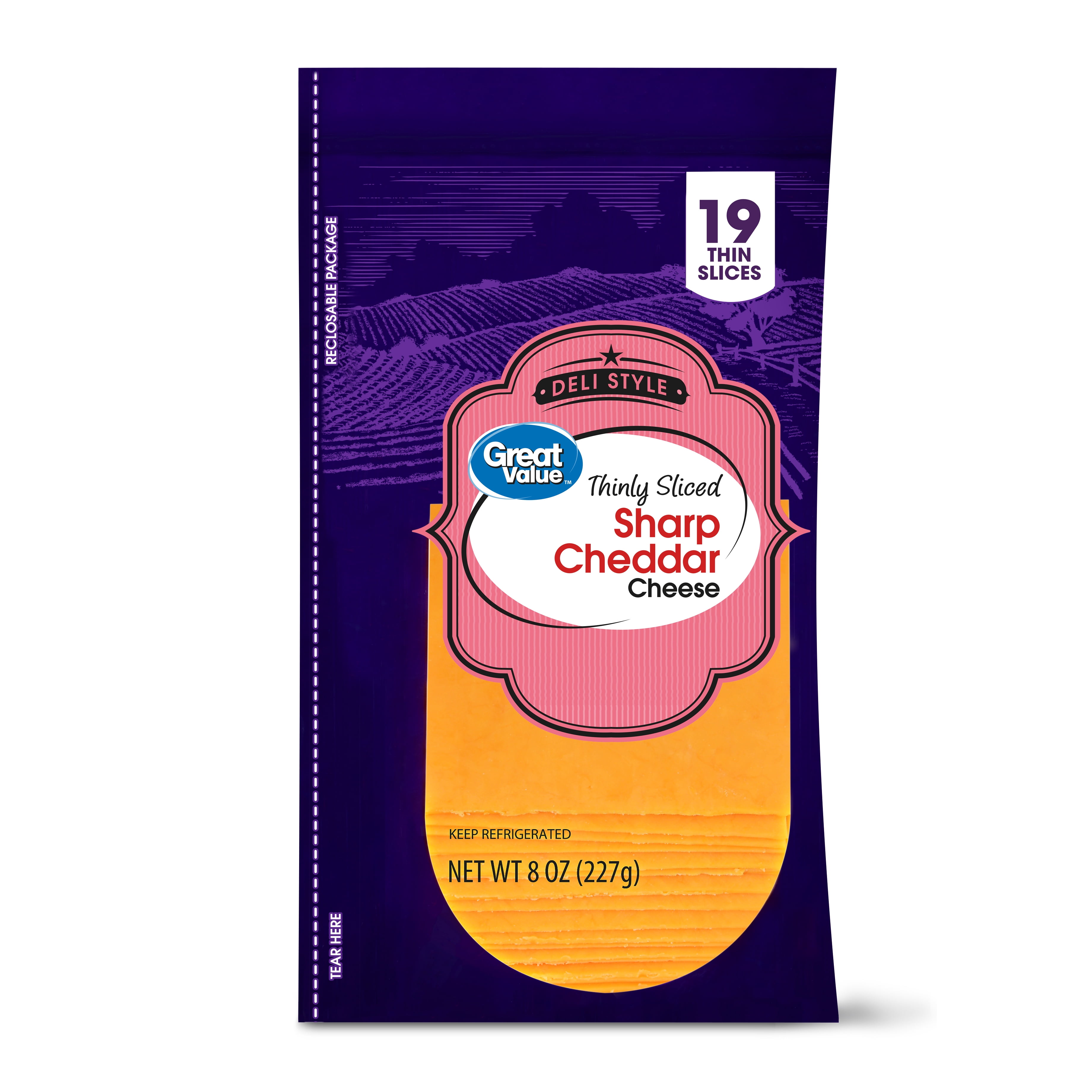 Great Value Deli Style Thinly Sliced Cheddar Cheese, Sharp, 8 oz, 19