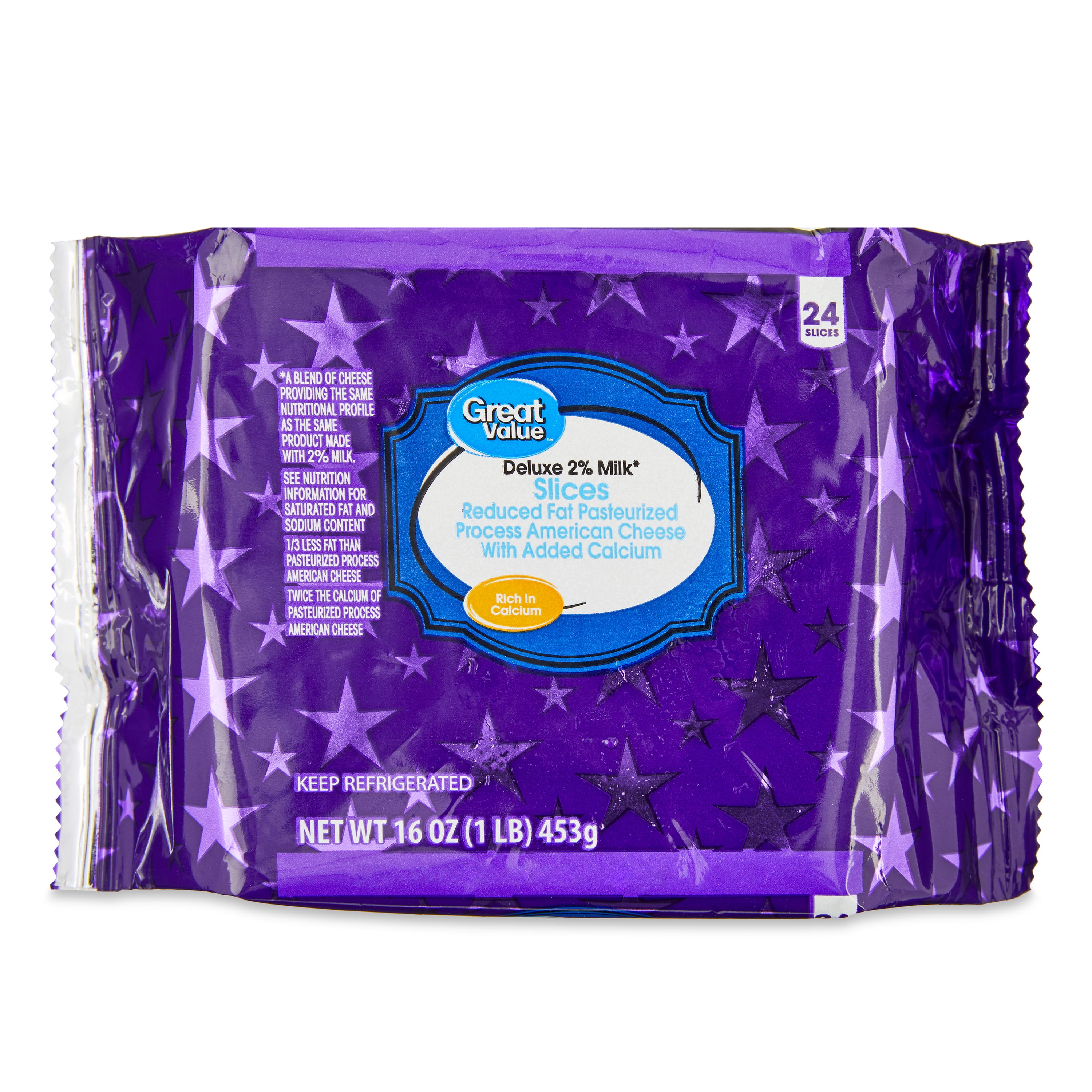 Great Value Deluxe 2% Milk Reduced Fat Pasteurized Process Sliced American Cheese, 16 oz, 24 Count