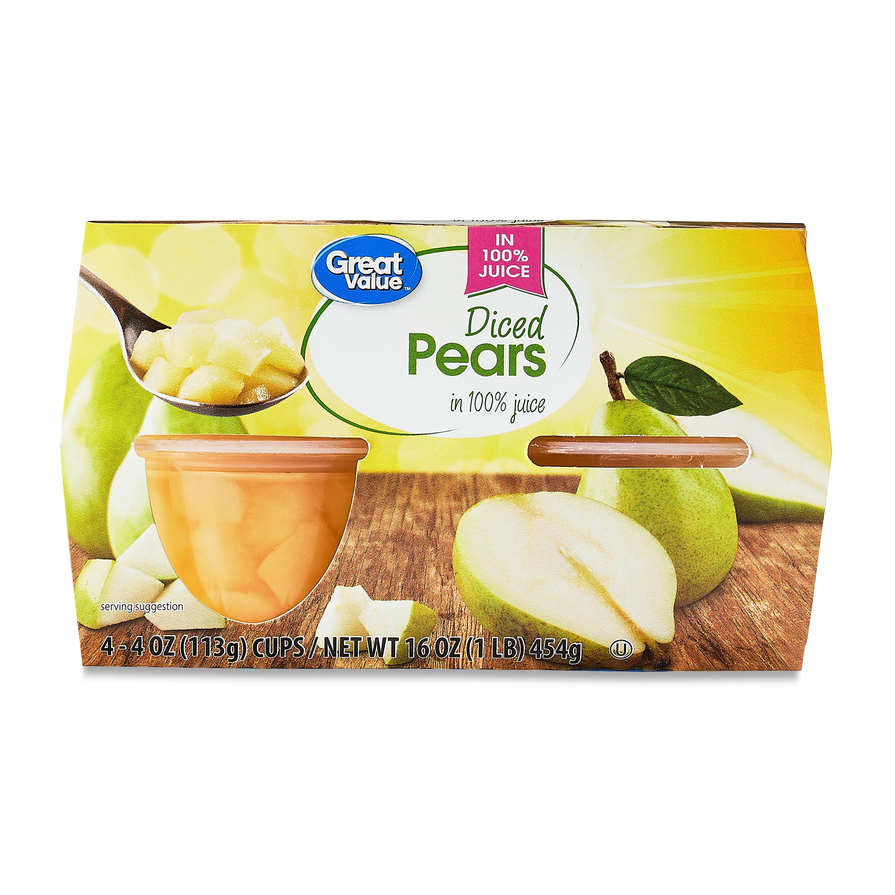 Great Value Diced Pears Fruit Cups in Juice, 4 oz, 4 Count
