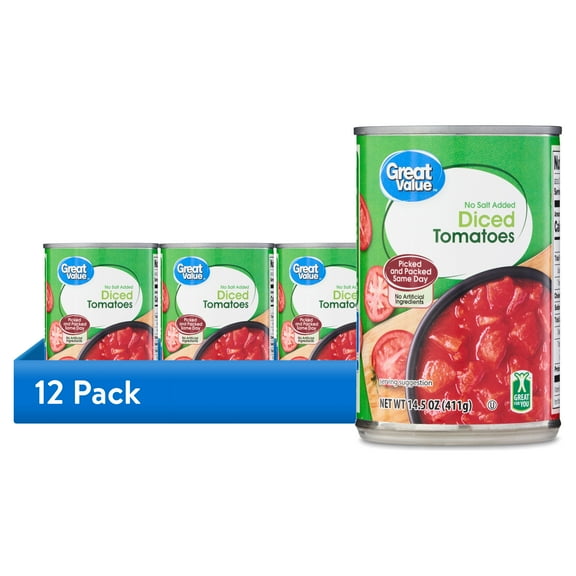 (12 pack) Great Value No Salt Added Diced Tomatoes, 14.5 oz