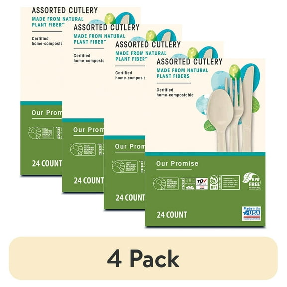 (4 pack) Great Value Bio-Based Disposable Residential Compostable Assorted Cutlery, 24-Count, Beige, New